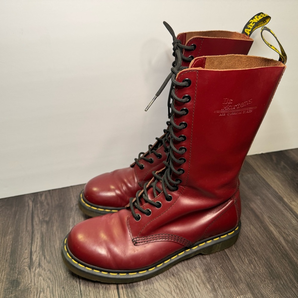 🔥Dr Martens 14 Eye Cherry Red Knee High Platform Shoes Boots US 10